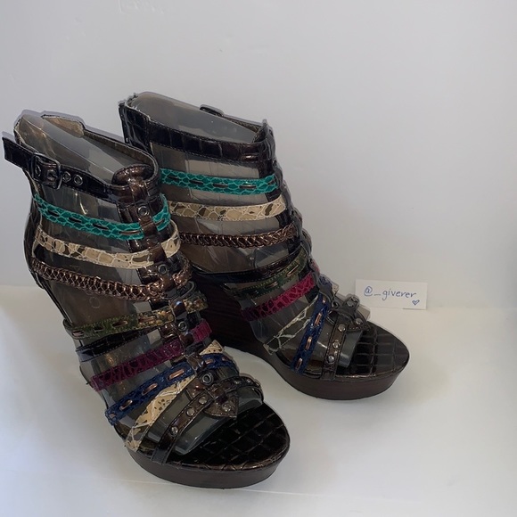 Aldo 8.5 / 39 Multi Strap Stacked Platform Wedge Sandal - Picture 8 of 16